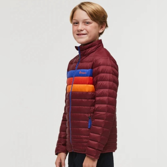 Cotopaxi Fuego Boys' Down Jacket- Burgundy Stripe, Winter Coat -Size M - Picture 2 of 4